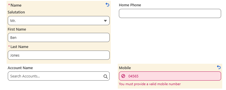 Contact Mobile Validation Error